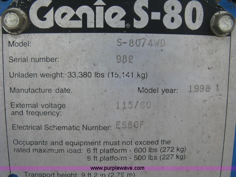 image for item L3842 1998 Genie S-80 boom lift