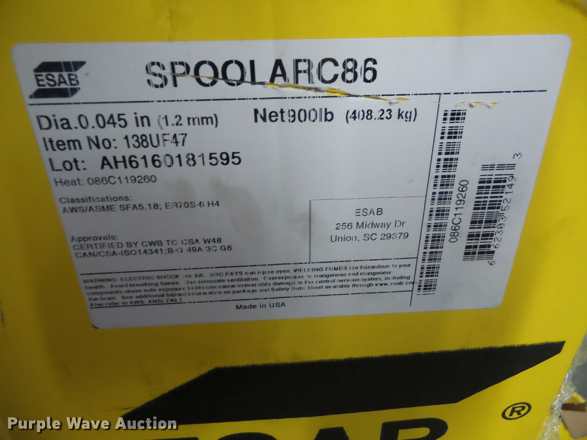 Esab Spoolarc 86 mig welding wire in Olathe, KS Item BV9806 sold