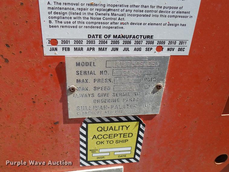 image for item L2659 2001 Sullair D175Q6JD air compressor