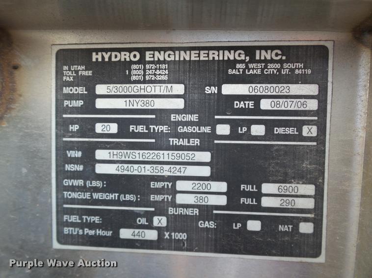 image for item DB4544 2006 Hydro-Engineering GHO-Series 5/3000GNOTT/M pressure washer trailer