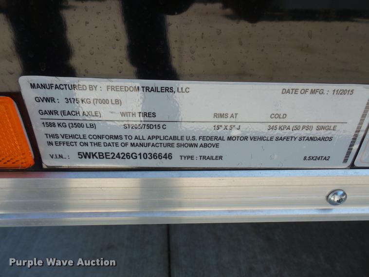 image for item K3707 2016 Freedom 8.5X24TA2 enclosed cargo trailer