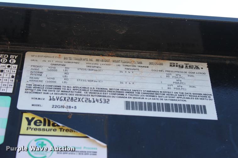 image for item L4833 2012 Big Tex 22GN-28+5 equipment trailer