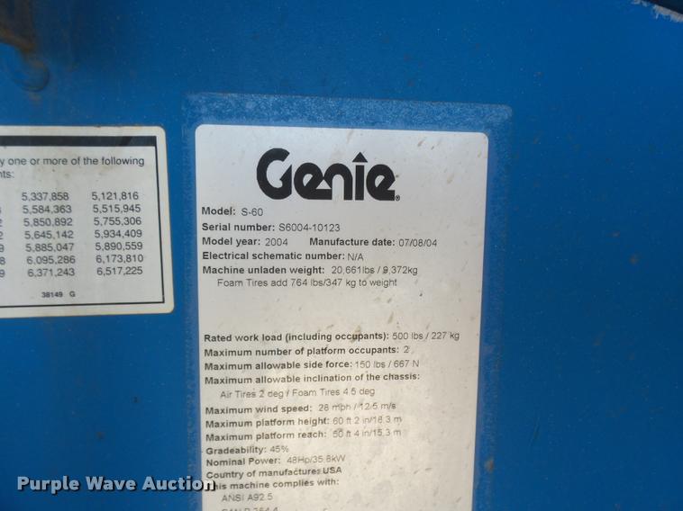 image for item K3001 2004 Genie S60 boom lift