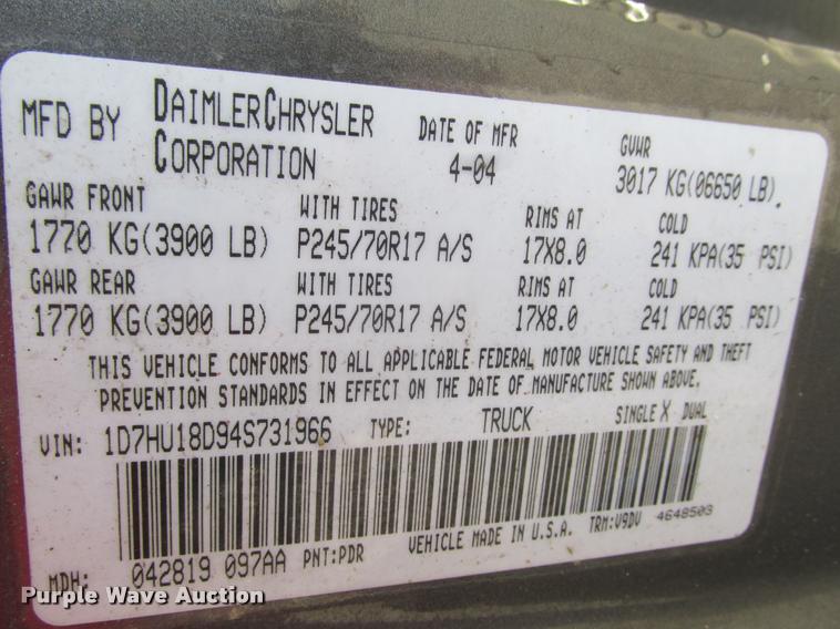 image for item K6243 2004 Dodge Ram 1500 Quad Cab pickup truck