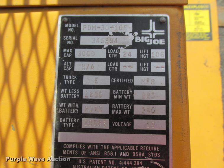 image for item K6247 Big Joe PDM-30-106 forklift