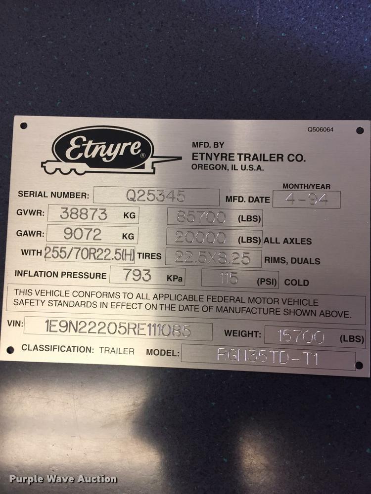 image for item L3549 1994 Etnyre lowboy equipment trailer