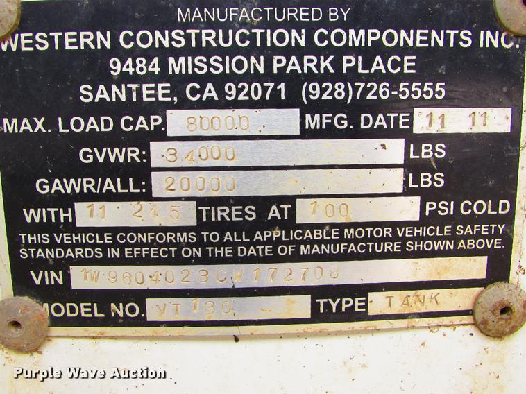 image for item J1626 2012 Western VT130 vacuum tank trailer