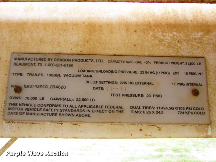 image for item J1627 2012 Dragon 130B vacuum tank trailer