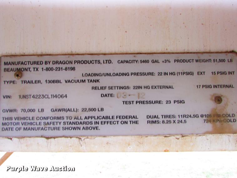 image for item J1628 2012 Dragon 130BBL vacuum tank trailer