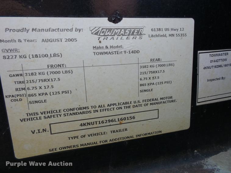 image for item AX9059 2006 Towmaster Trail King T-14DP equipment trailer