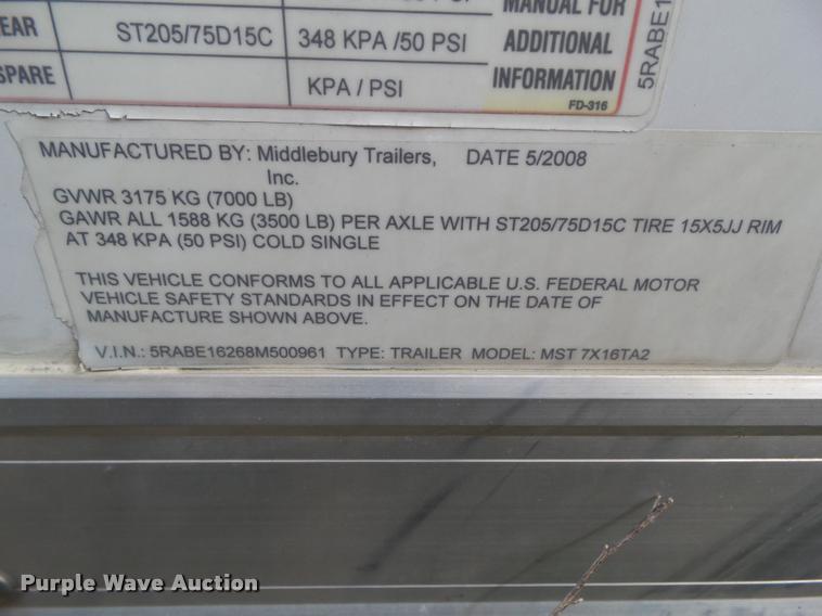 image for item BZ9904 2008 Middlebury MST7X16TA2 enclosed cargo trailer