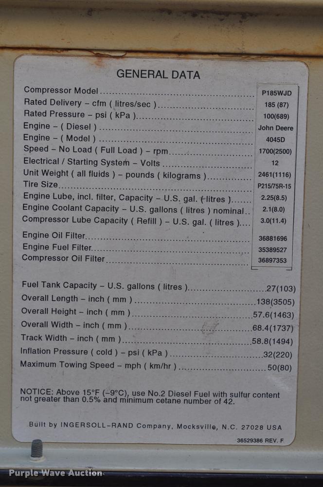 image for item L5084 1999 Ingersoll Rand P185WJD air compressor