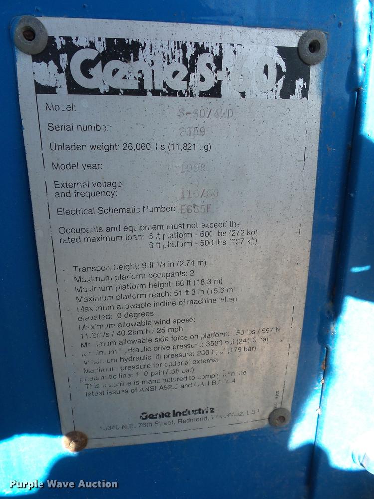 image for item J1595 1998 Genie S60 boom lift