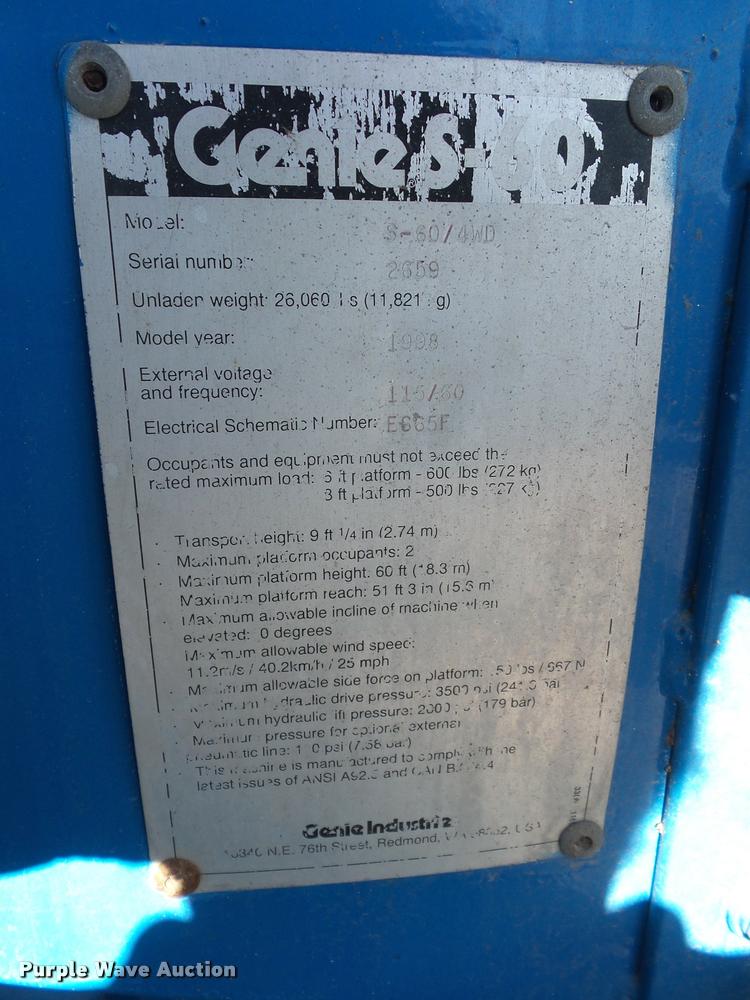 image for item J1595 1998 Genie S60 boom lift