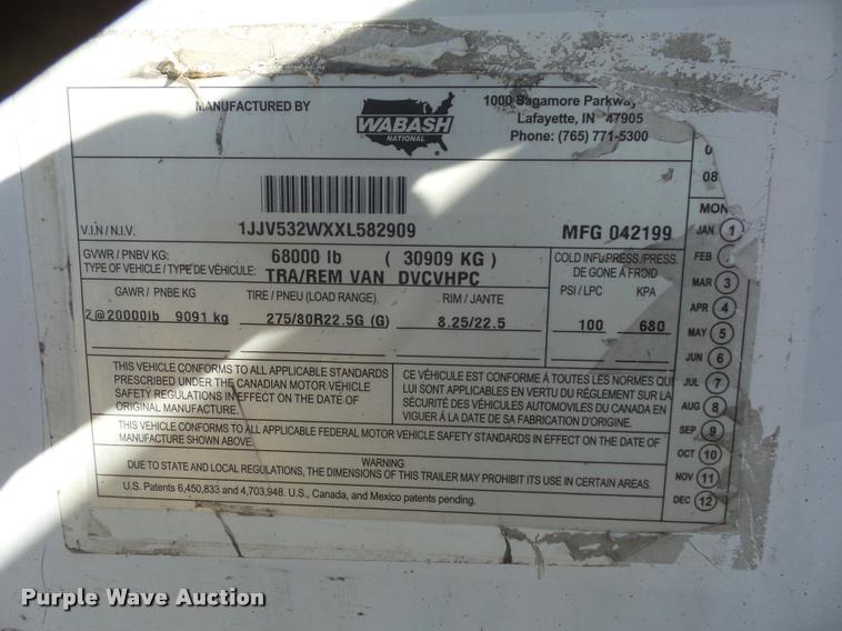 image for item BG9590 1999 Wabash Duraplate dry van trailer