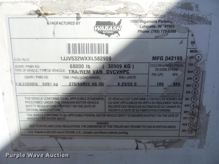 image for item BG9590 1999 Wabash Duraplate dry van trailer