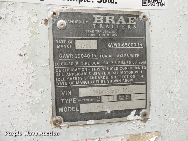image for item L3561 1984 Brae GSVW-Z-454 dry van trailer