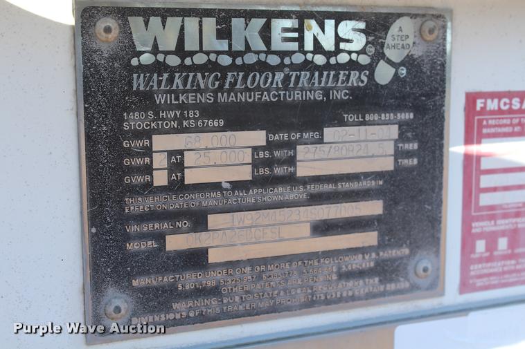 image for item K1942 2004 Wilkens OK2PA26DCES2 live bottom, walking floor trailer