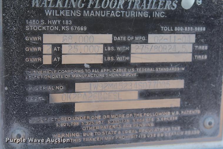 image for item K1942 2004 Wilkens OK2PA26DCES2 live bottom, walking floor trailer