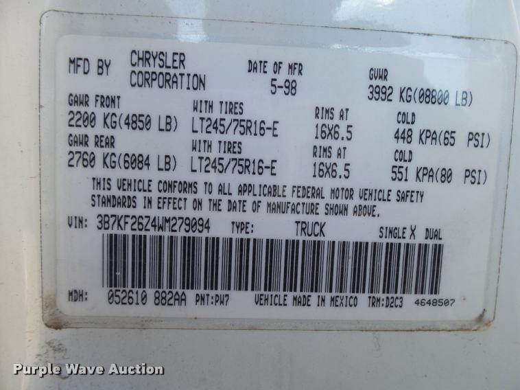 image for item K1012 1998 Dodge Ram 2500 pickup truck