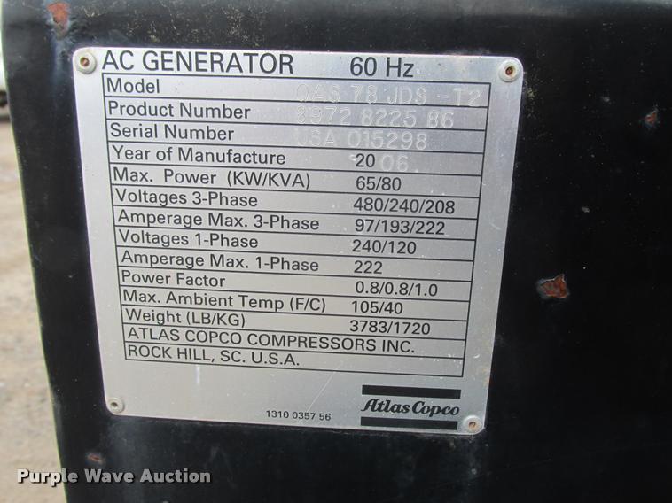 image for item K6186 2006 Atlas Copco QAS78JD generator