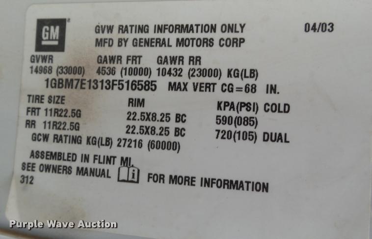 image for item L1747 2003 Chevrolet C7500 service truck