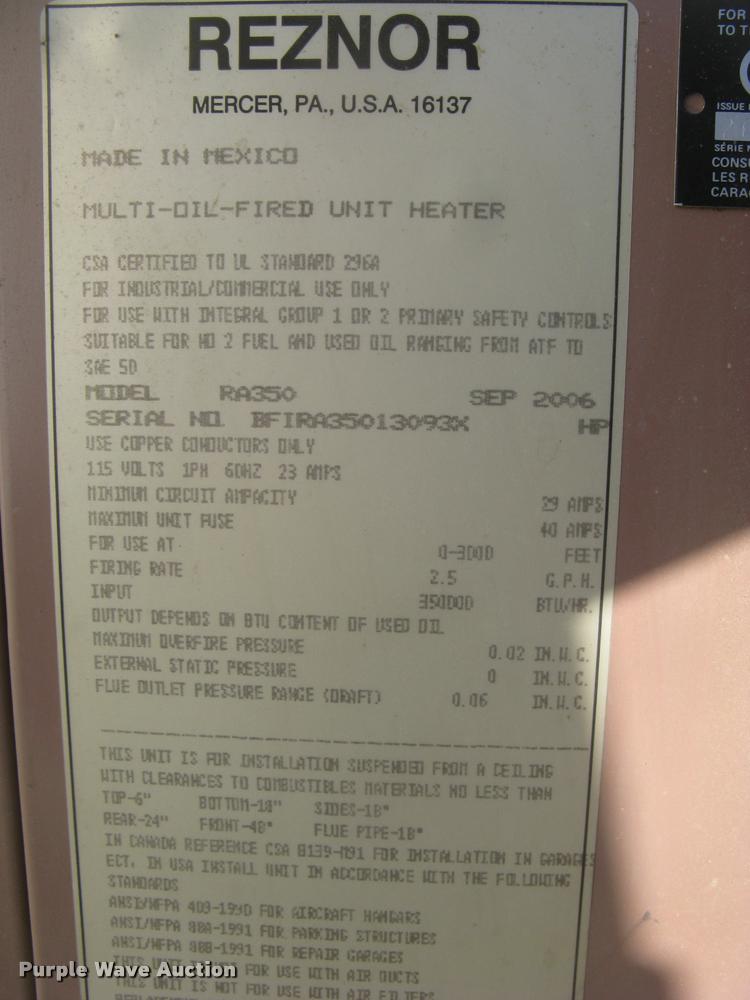 image for item L3924 2006 Reznor RA350 oil burner heater