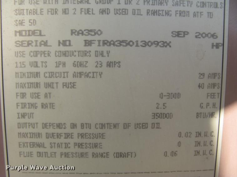 image for item L3924 2006 Reznor RA350 oil burner heater