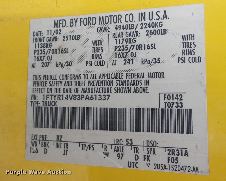 image for item DA2126 2003 Ford Ranger pickup truck