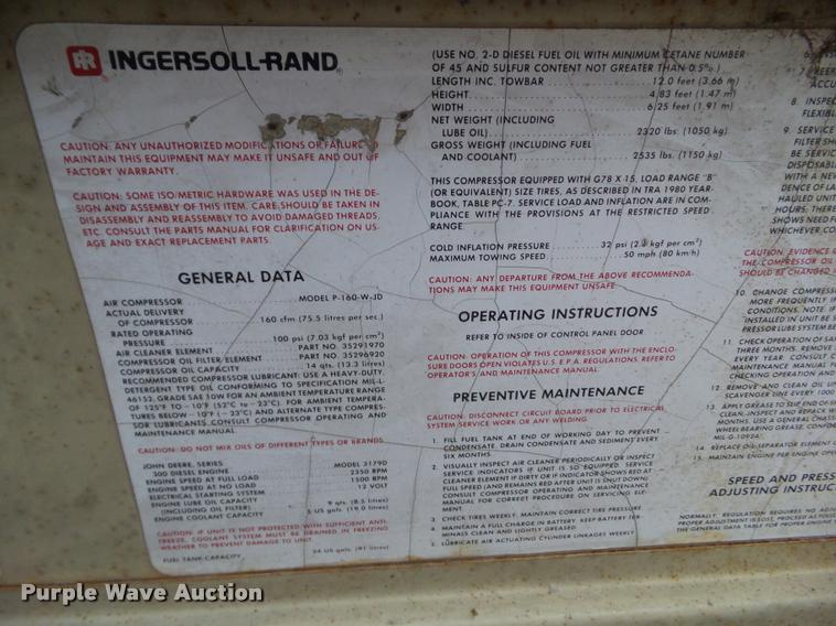 image for item BZ9989 Ingersoll Rand P160WJD air compressor