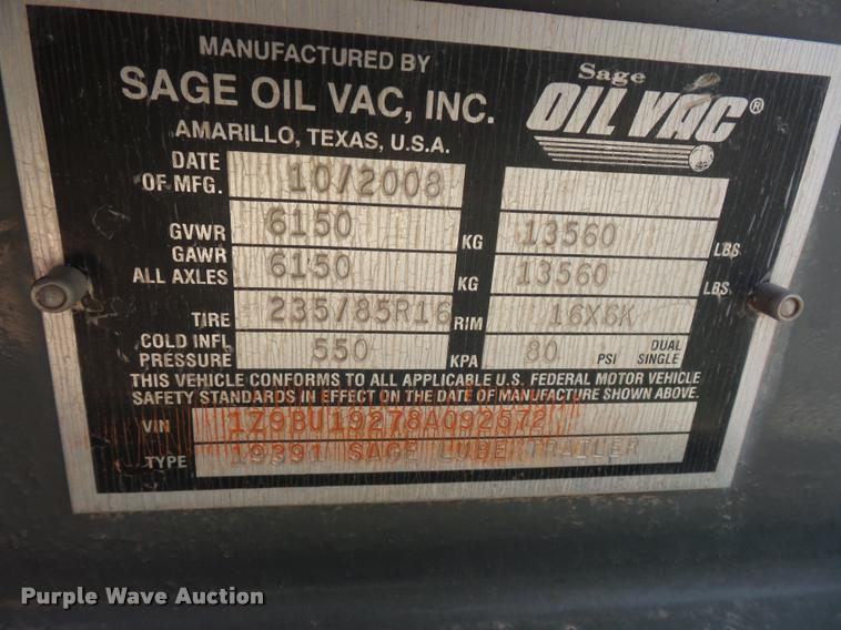 image for item DA5816 2008 Sage oil vacuum lube trailer