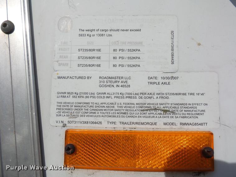 image for item DA5817 2008 Roadmaster RMWAG8548TT enclosed cargo trailer