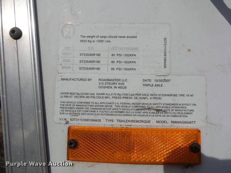 image for item DA5817 2008 Roadmaster RMWAG8548TT enclosed cargo trailer