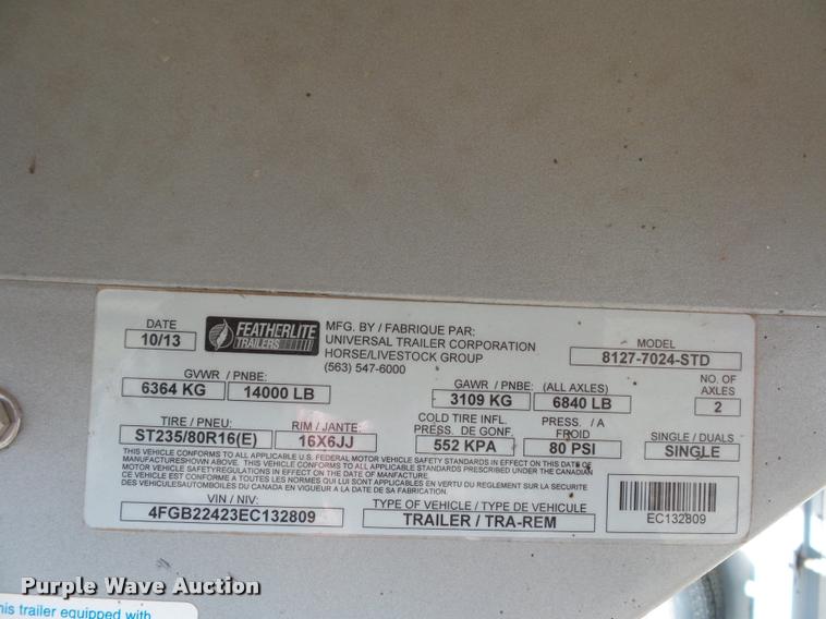 image for item DA5819 2014 Featherlite livestock trailer