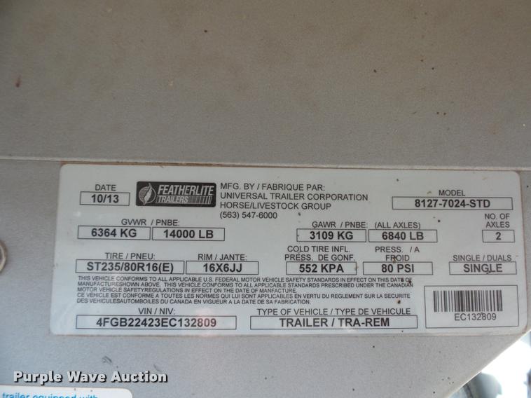 image for item DA5819 2014 Featherlite livestock trailer