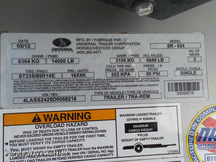 image for item BZ9975 2013 Exiss Sooner SR-624 livestock trailer