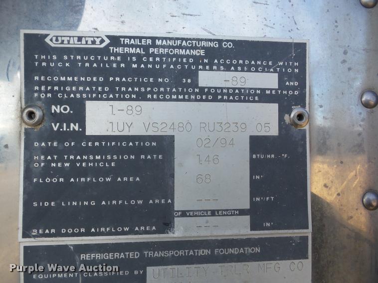 image for item J8667 1994 Utility V52R refrigerated van trailer