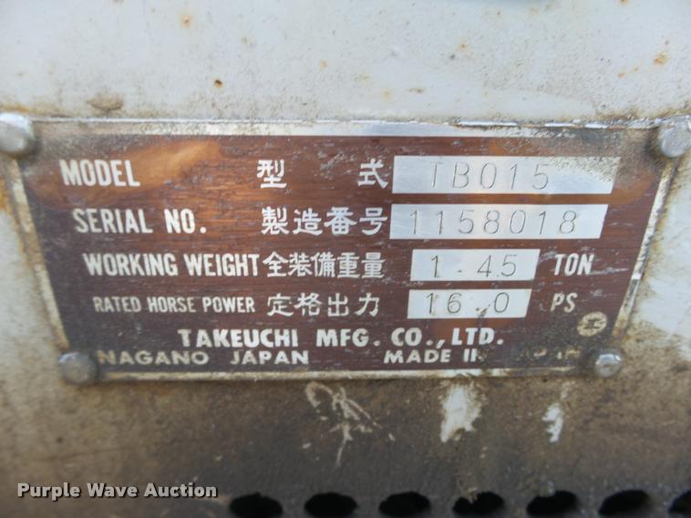 image for item L4248 1999 Takeuchi TB015 compact excavator