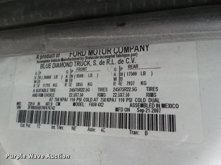 image for item DA5245 2008 Ford F650 Super Duty Ext. Cab truck cab and chassis