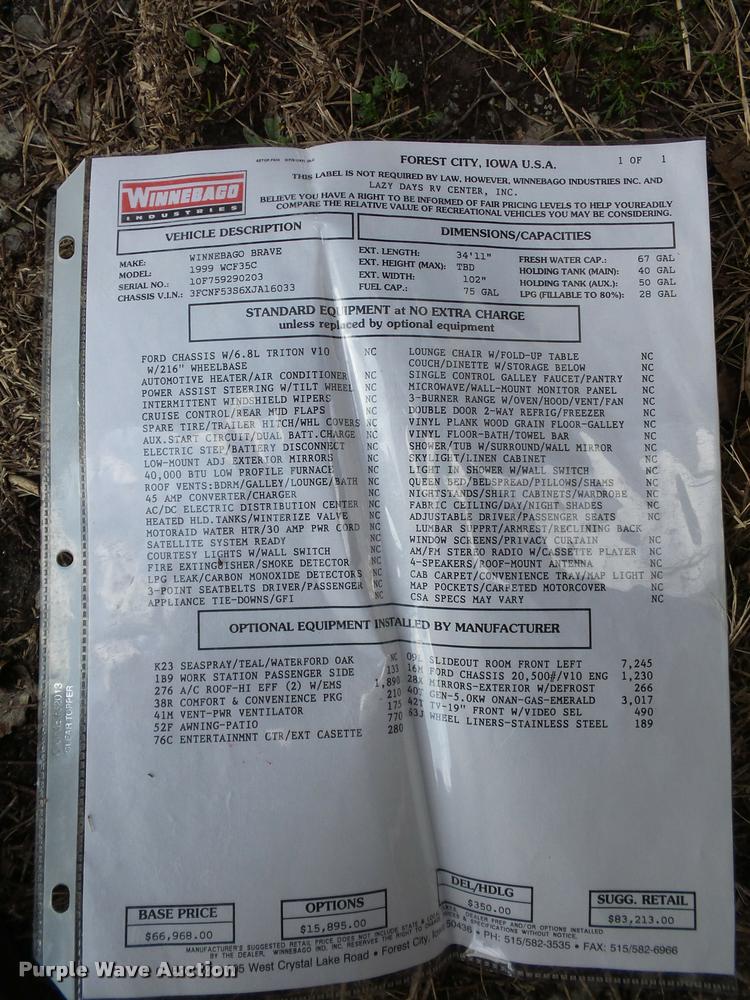 image for item DA5856 1999 Ford Winnebago Brave RV