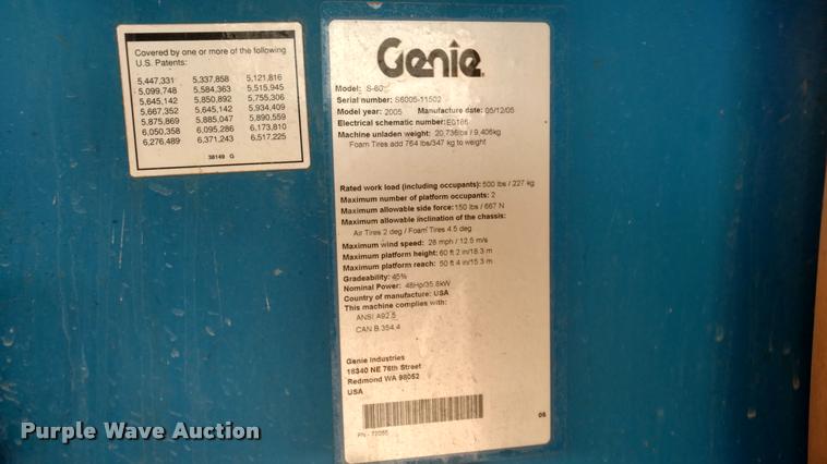 image for item DB0850 2004 Genie S60 boom lift