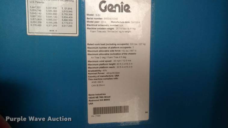 image for item K2999 2004 Genie S60 boom lift