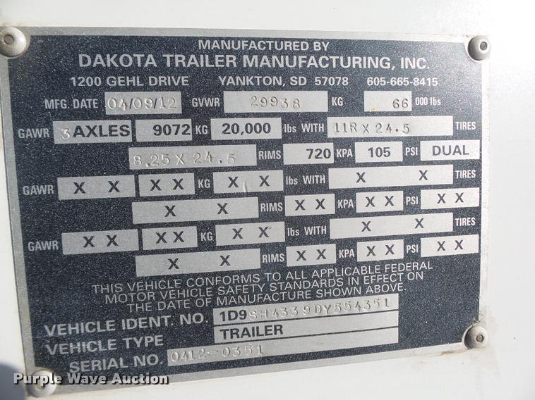 image for item DA0519 2013 Dakota 4300BDT bottom dump trailer