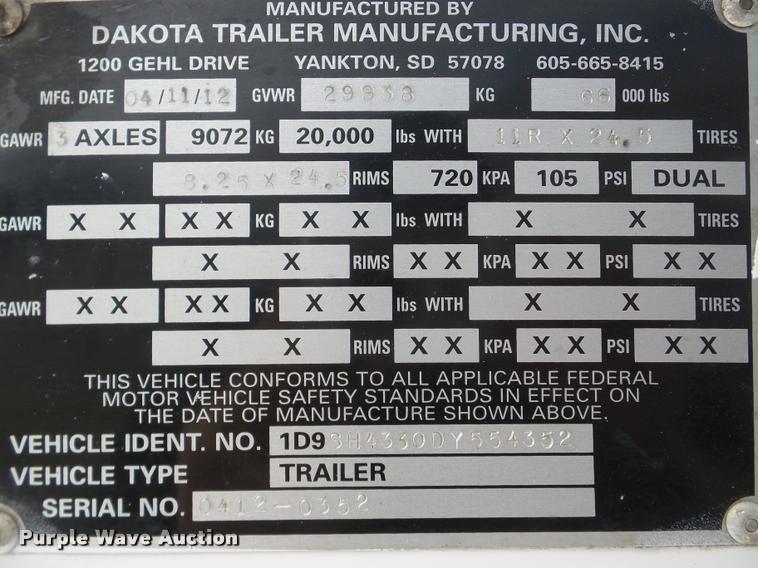image for item DA7271 2013 Dakota 4300BDT bottom dump trailer