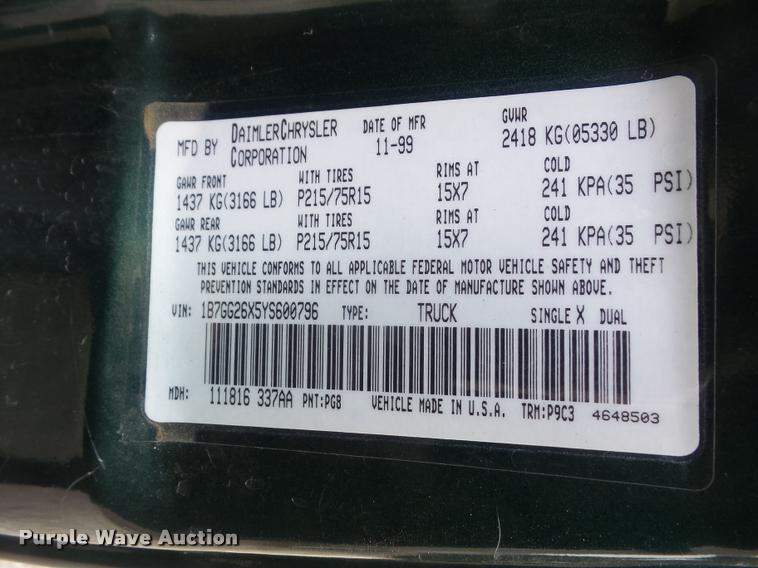 image for item DB2963 2000 Dodge Dakota Sport pickup truck