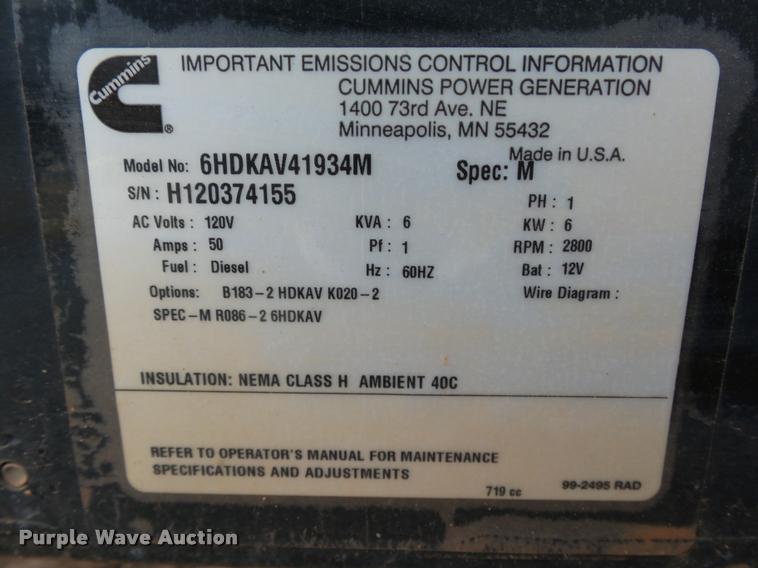 image for item DB4655 Cummins / Onan 6HDKAV41934M generator