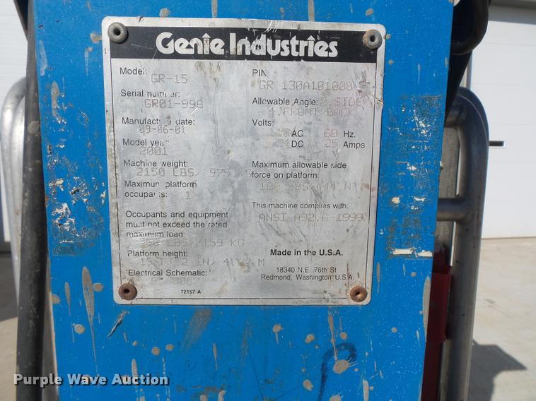 image for item J1582 2001 Genie GR-15 manlift