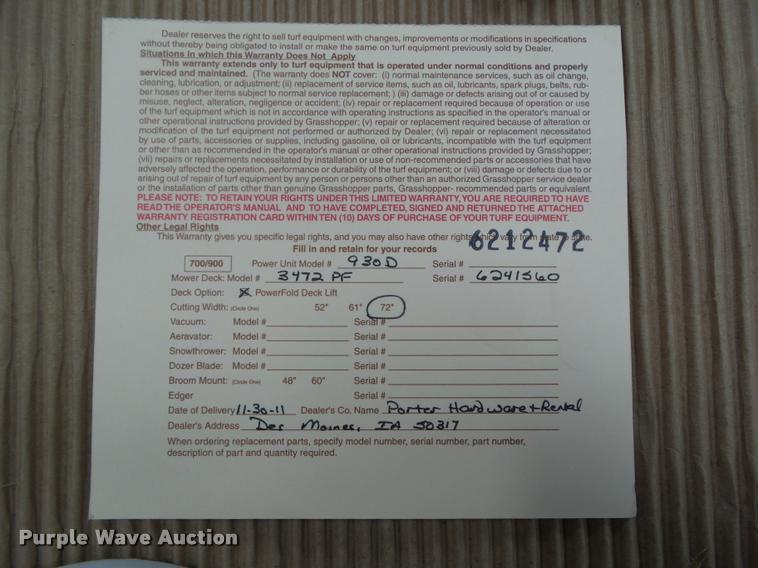 image for item CB9887 2011 Grasshopper 930D2 ZTR lawn mower