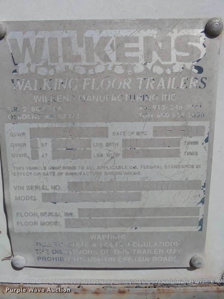 image for item DA6006 1994 Wilkins OK2LA52PC0BX live bottom trailer