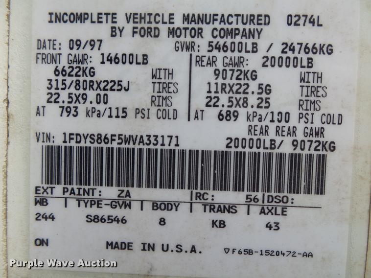 image for item DA2626 1998 Ford LT8513 Louisville 113 truck cab and chassis